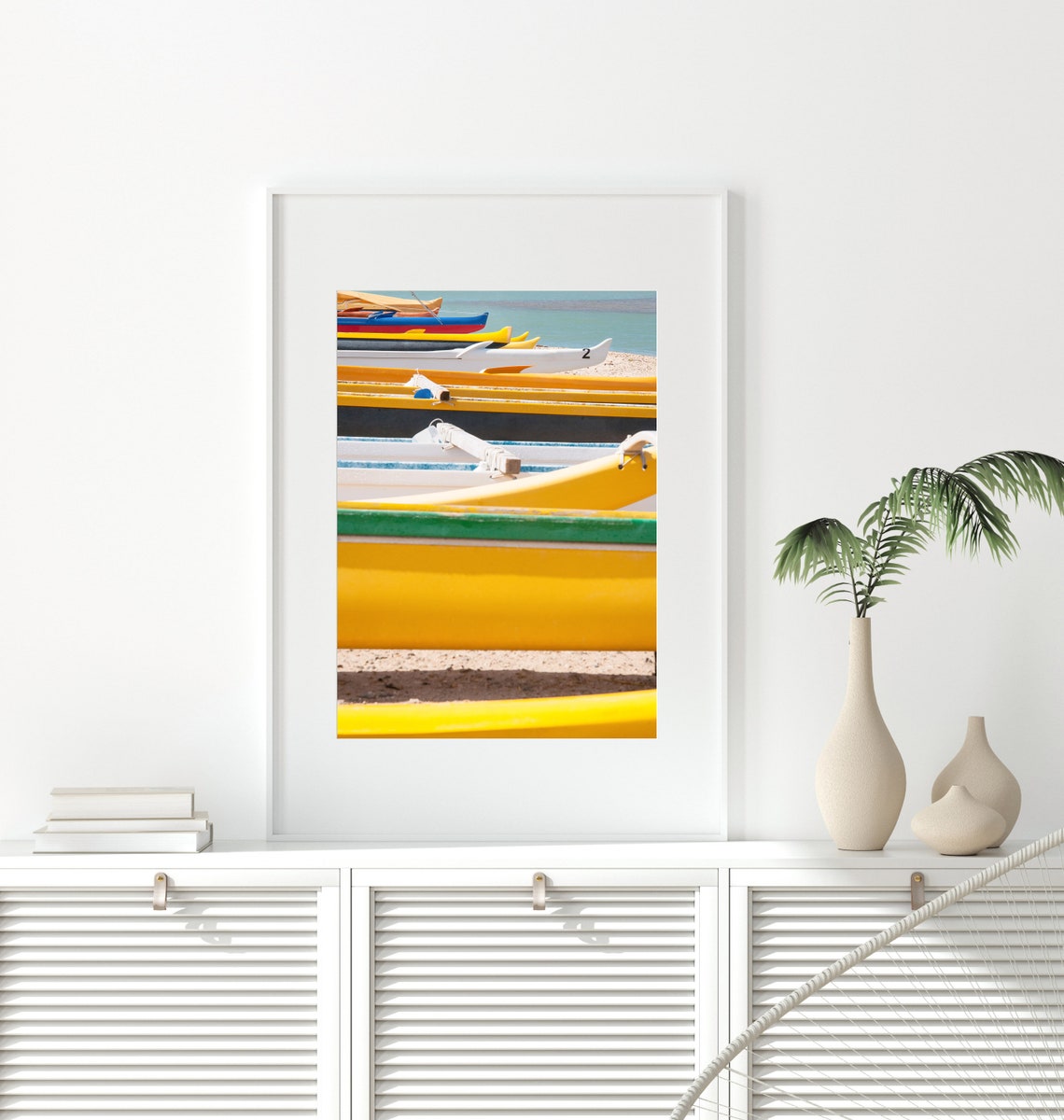 Colorful Outrigger Canoes Lined Up on Sandy Beach Shore Poster - Image 2