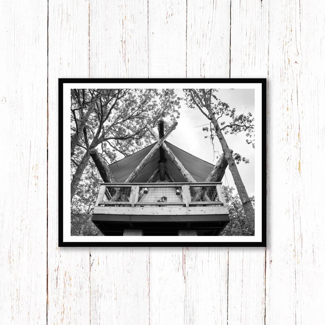 Black and White Glamping Tent Platform in Tall Forest Trees Poster - Image 2