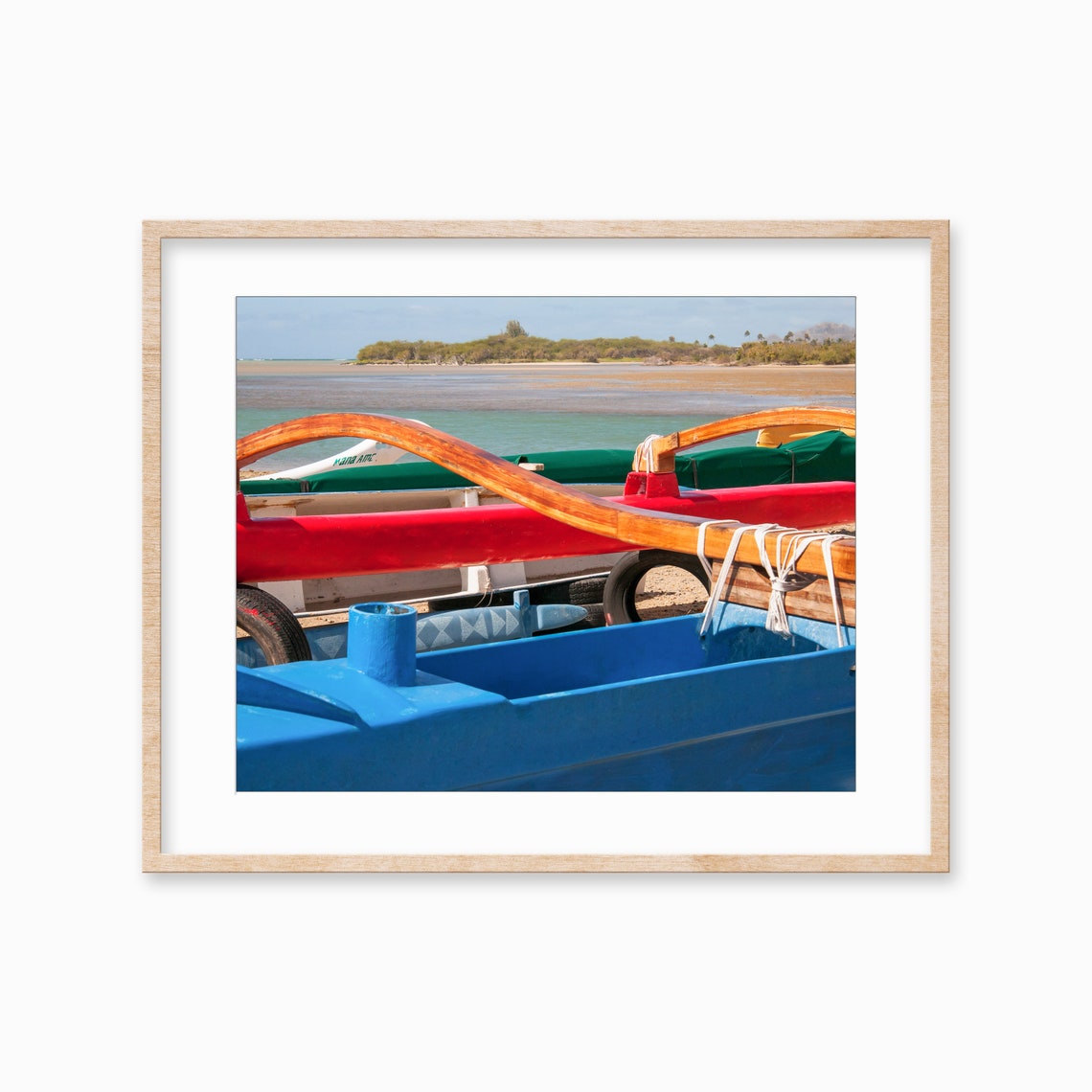 Colorful Outrigger Canoes on Hawaii Beach Tropical Photography Poster