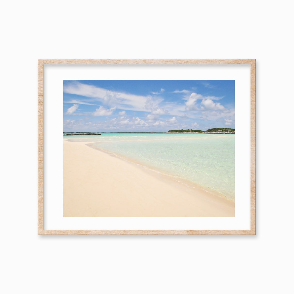 Curving White Sand Beach Turquoise Water Distant Island Photo Poster
