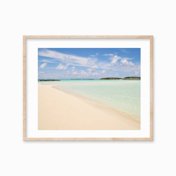 Curving White Sand Beach Turquoise Water Distant Island Photo Poster