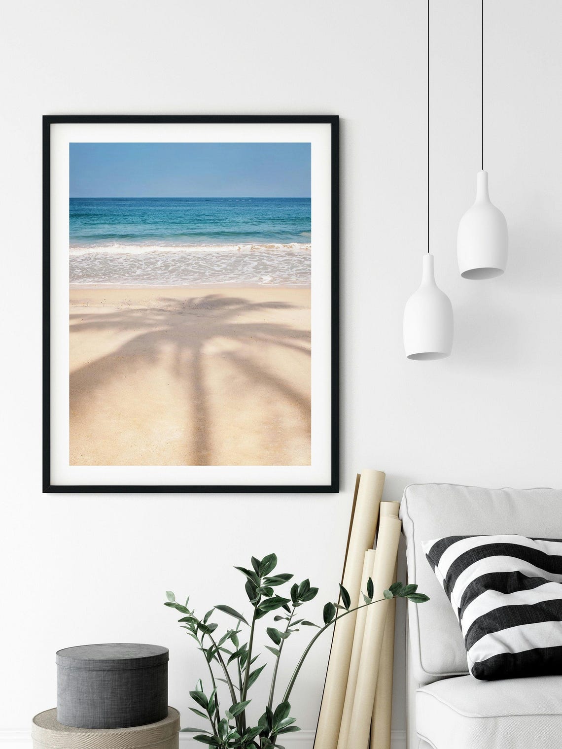 Palm Tree Shadow White Sand Turquoise Ocean Beach Serene Photo Poster - Image 3