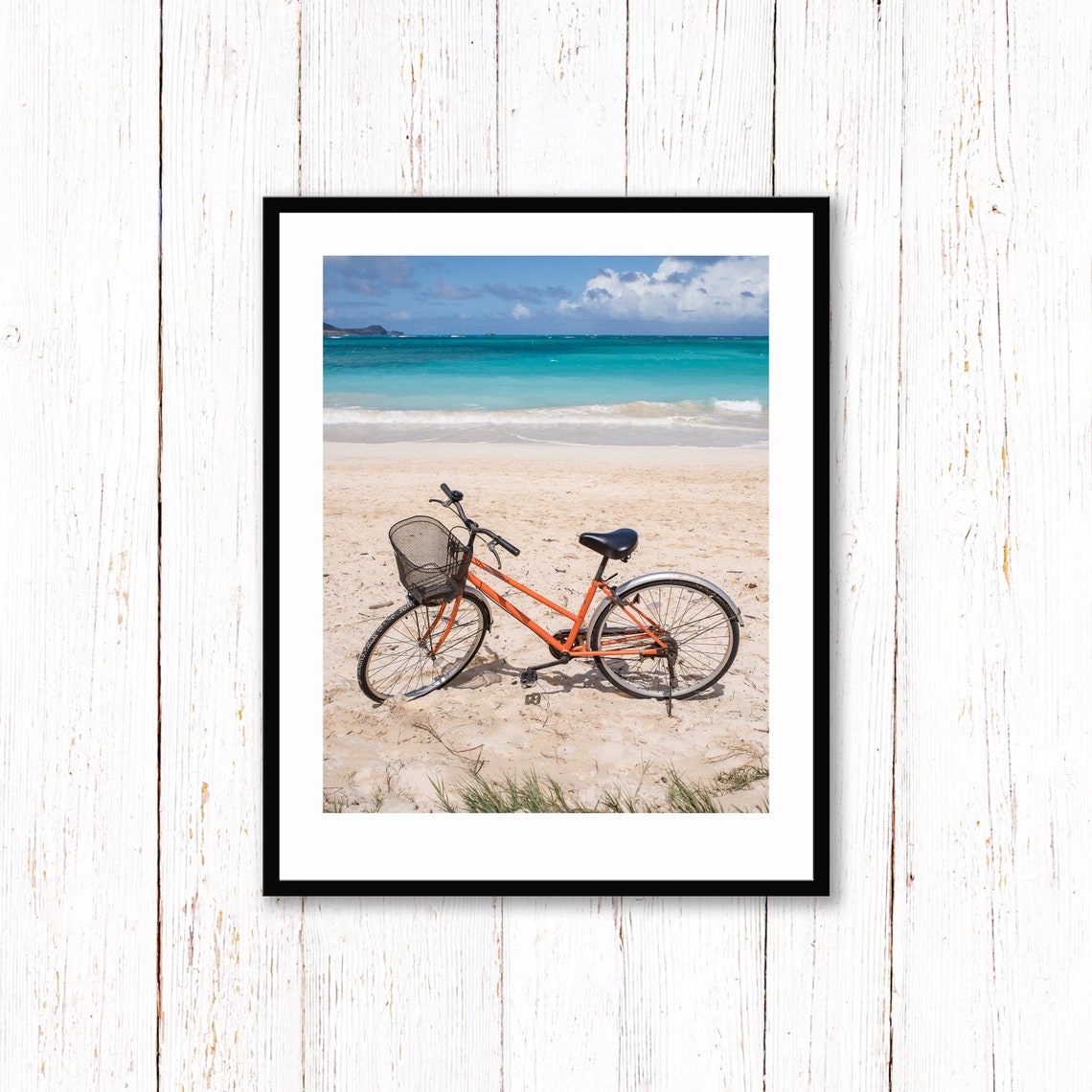 Vintage Orange Bicycle Parked on a Tropical Beach Shore Poster - Image 2