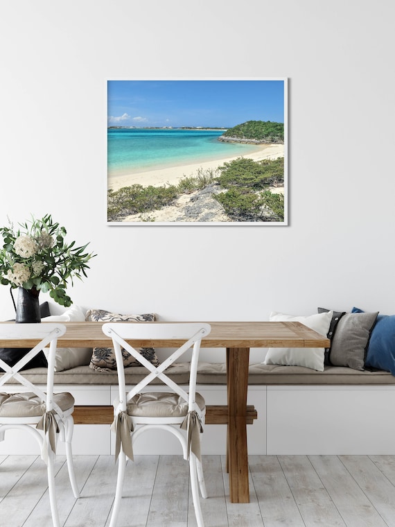 Curved Sandy Beach and Turquoise Sea Coastal Photo Art Poster
