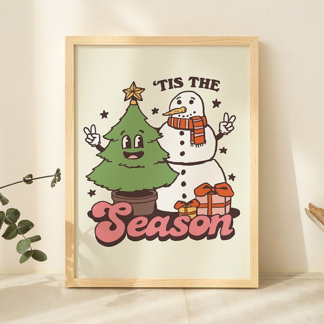 'Tis The Season Groovy Christmas Tree Snowman Gifts Holiday Poster