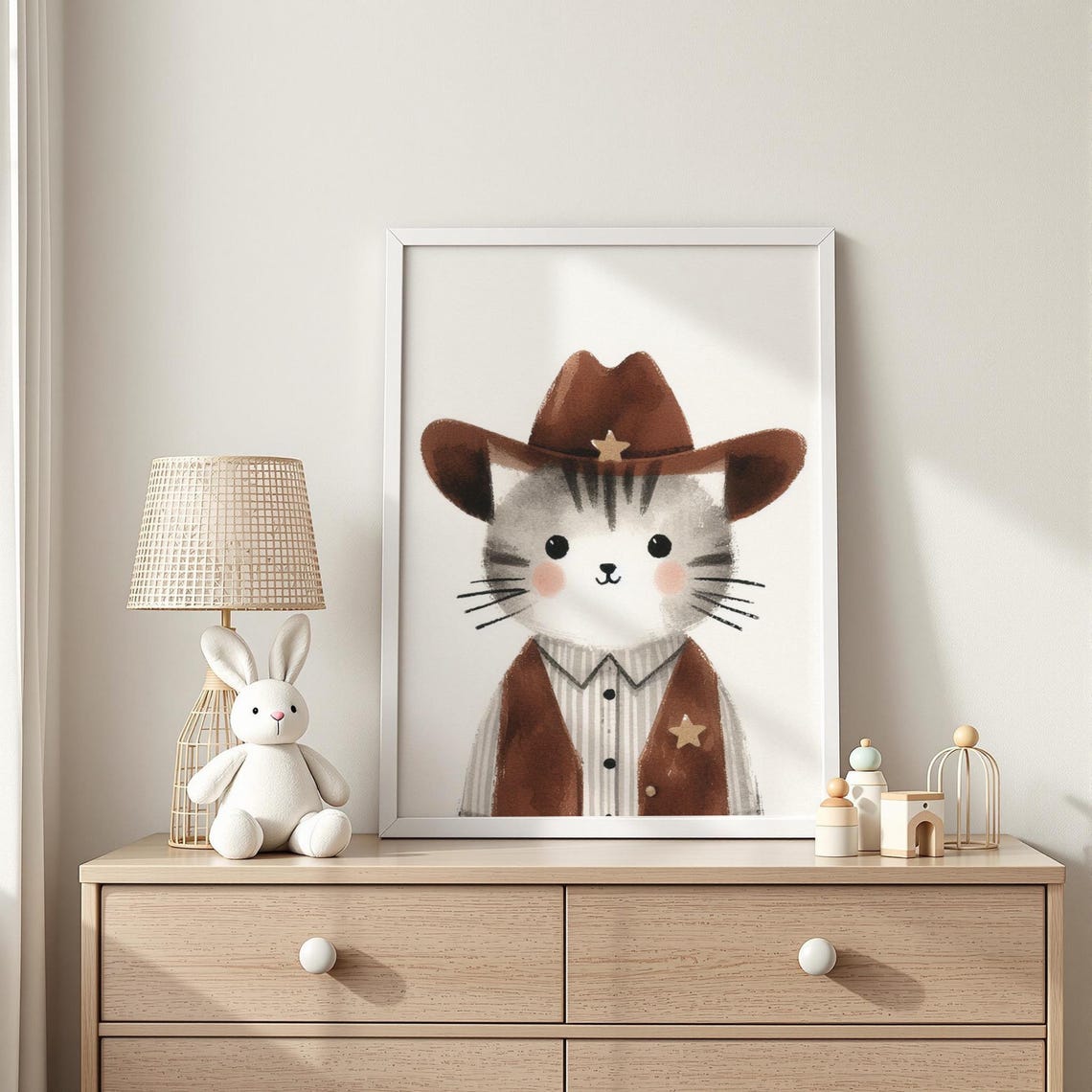 Sheriff Cat Cowboy Kitty Nursery Watercolor Poster Western Star Badge