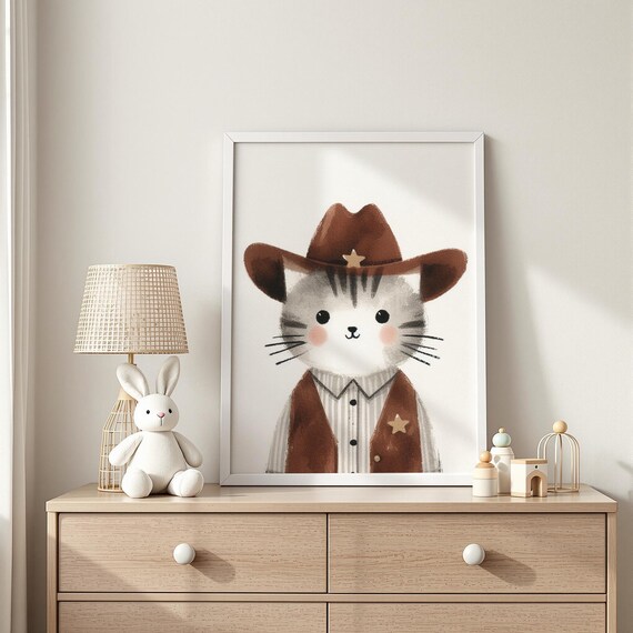 Sheriff Cat Nursery Art Cowboy Kitty Wall Decor Western Animal