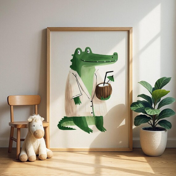 Alligator Coconut Drink Wall Art Tropical Animal Nursery Print Kids Room Decor