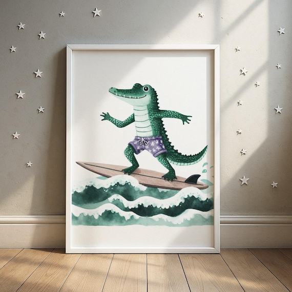 Smiling Alligator Surfing Ocean Waves on Pink Surfboard Poster