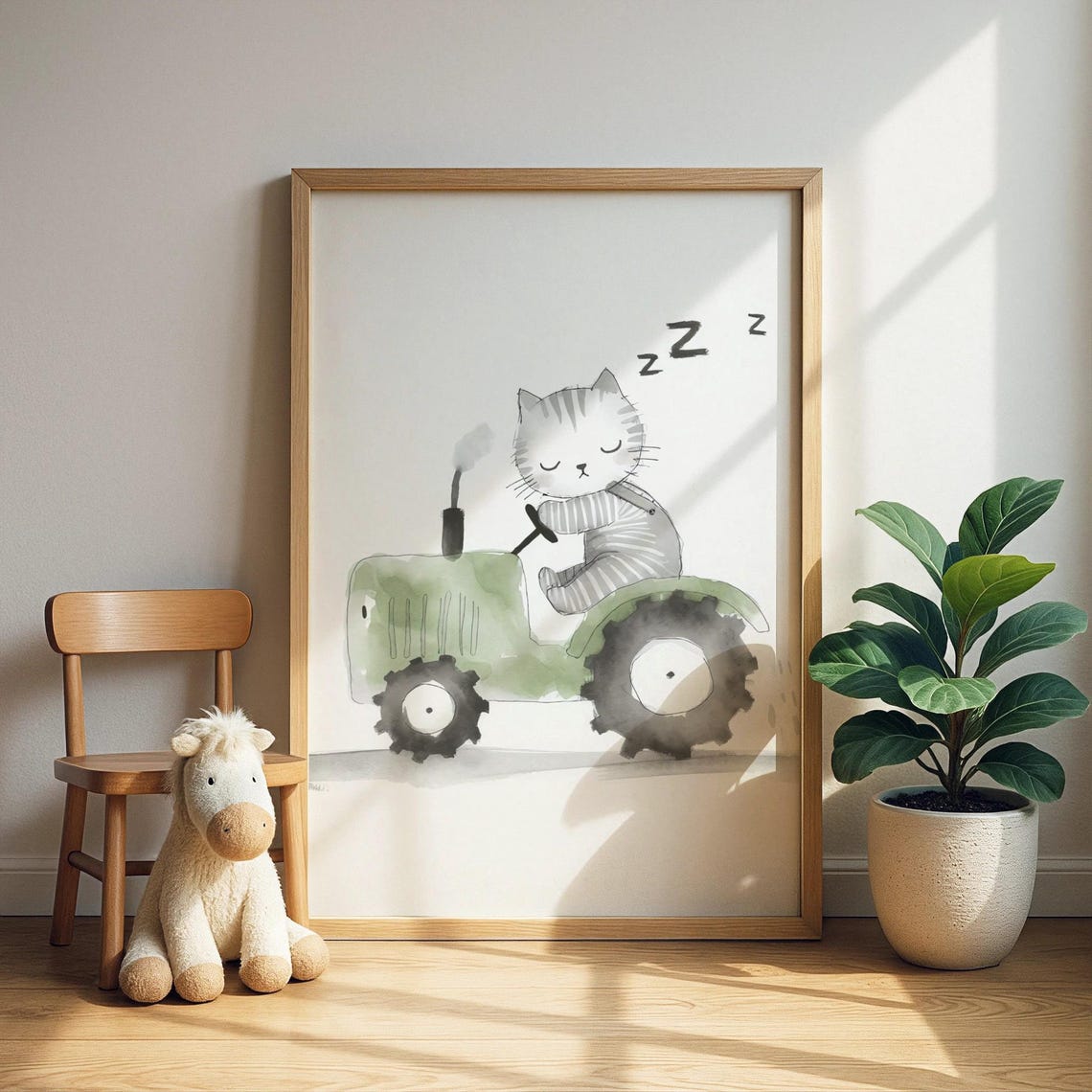 Sleepy Cat Driving Tractor Watercolor Kids Nursery Animal Poster