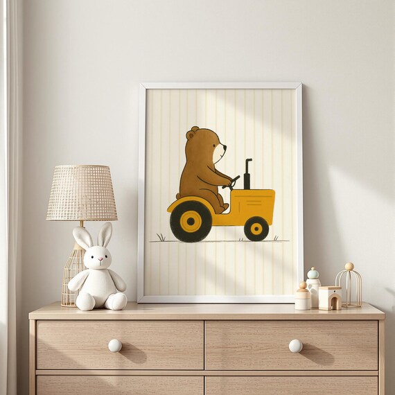 Adorable Bear Driving Yellow Tractor Kids Nursery Room Poster