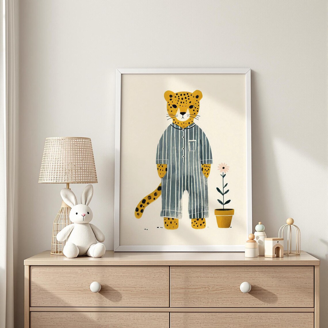 Tiger In Flowered Pjs Print Cozy With Potted Plant Nursery Decor