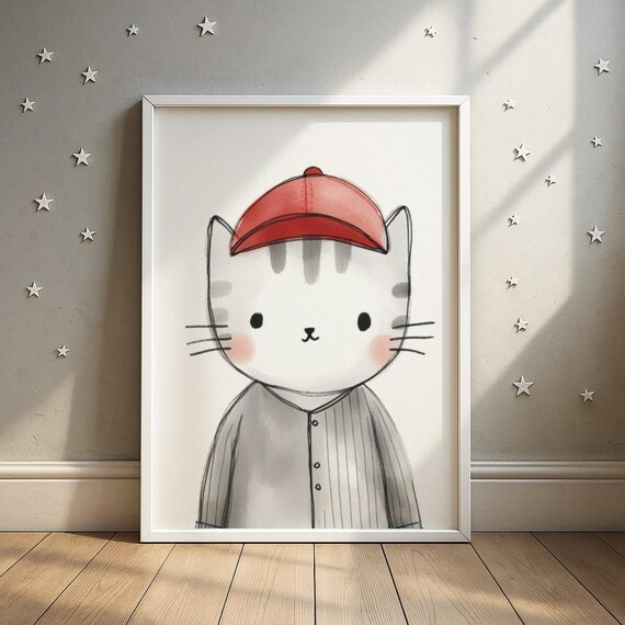 Baseball Cat in Red Cap Cute Sports Nursery Animal Poster Art