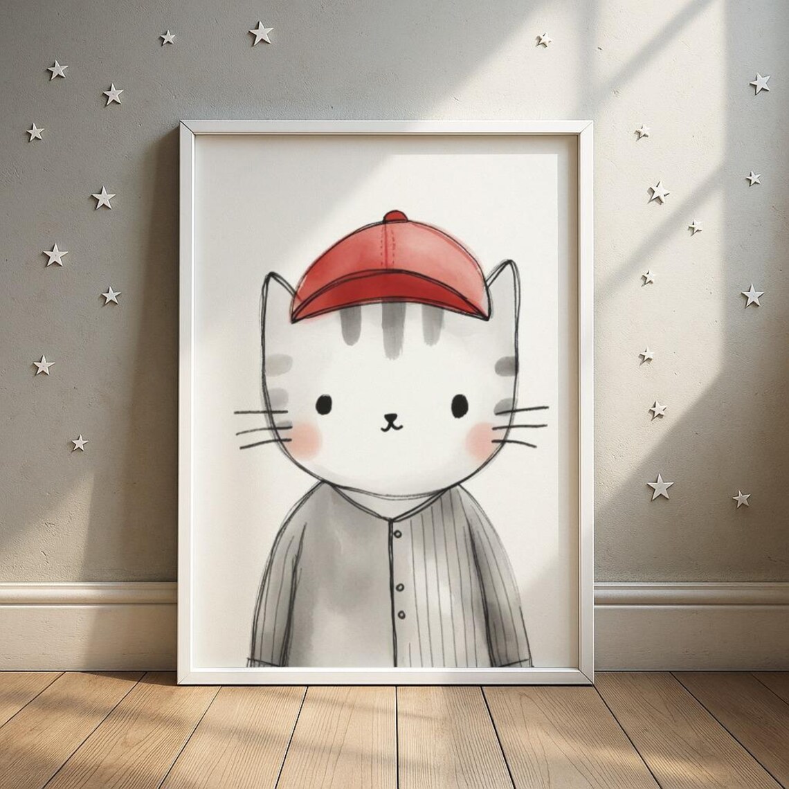 Baseball Cat Print Sports Nursery Art Kids Room Decor Wall