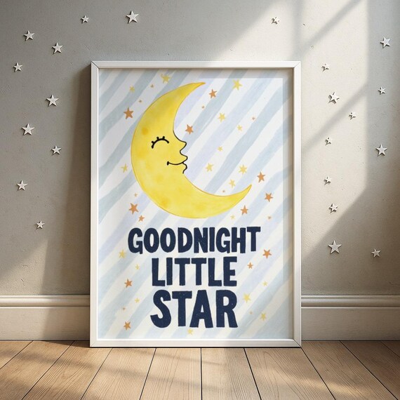 Goodnight Little Star Smiling Crescent Moon Celestial Nursery Print