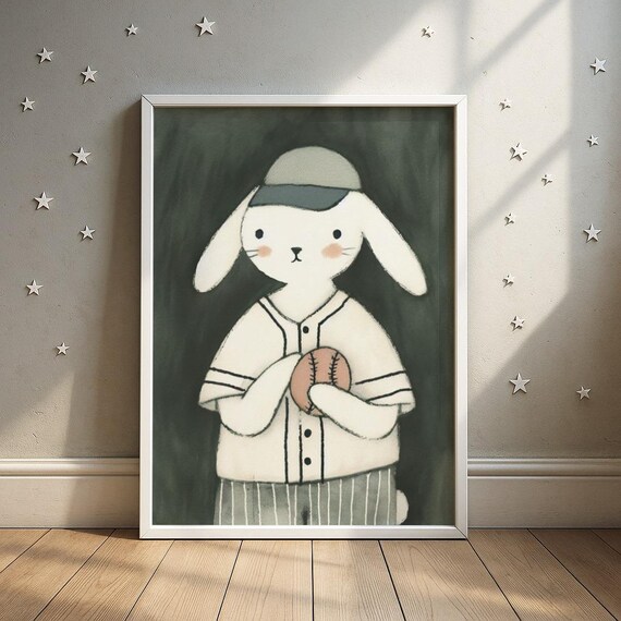 Baseball Bunny In Vintage Uniform Holding Ball Kids Sports Poster