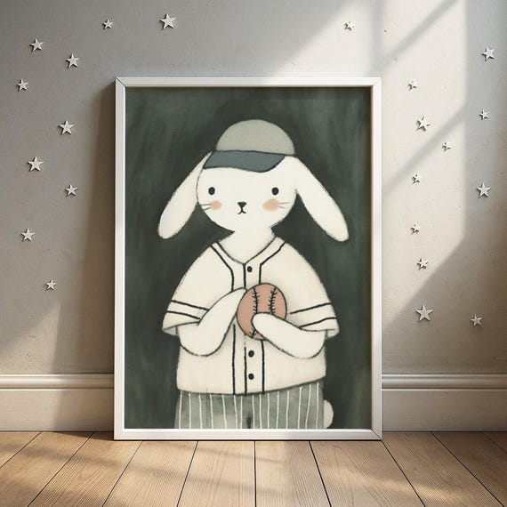 Rugby Bunny Sports Print Ball Holding Rabbit Cub Illustration Boys Room Decor