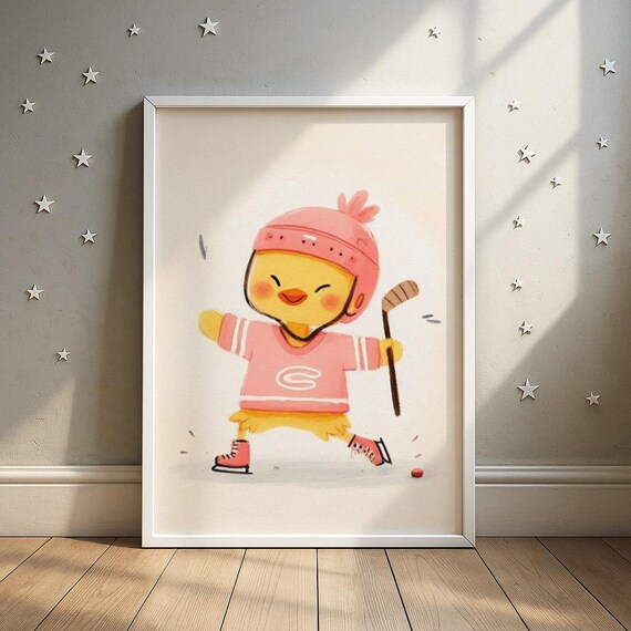 Pink Hockey Duckling Nursery Poster for Cute Little Sports Fans