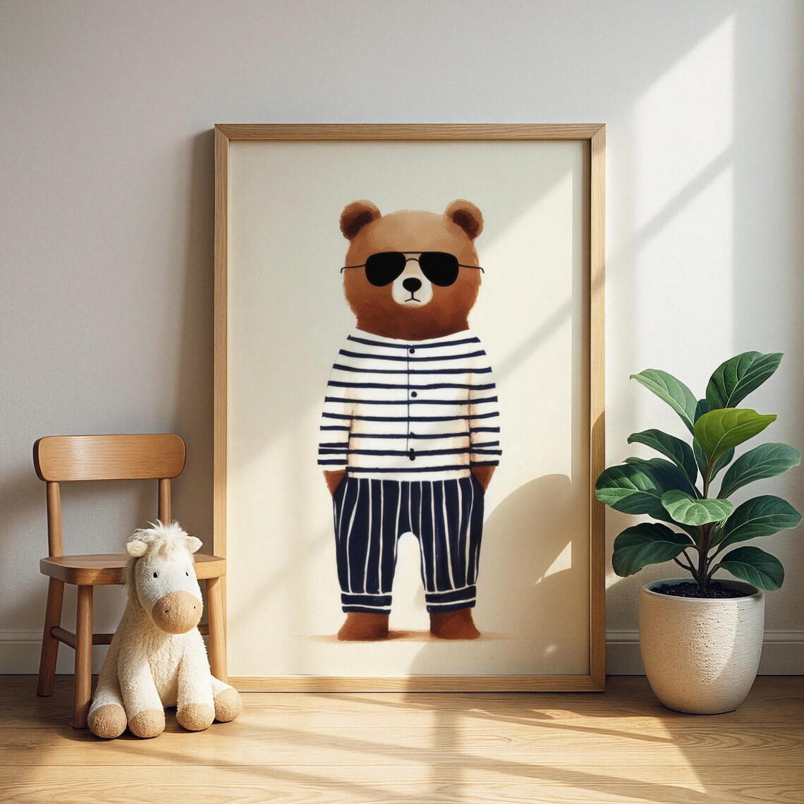 Cool Brown Bear in Sunglasses and Striped Shirt Kids Room Wall Art