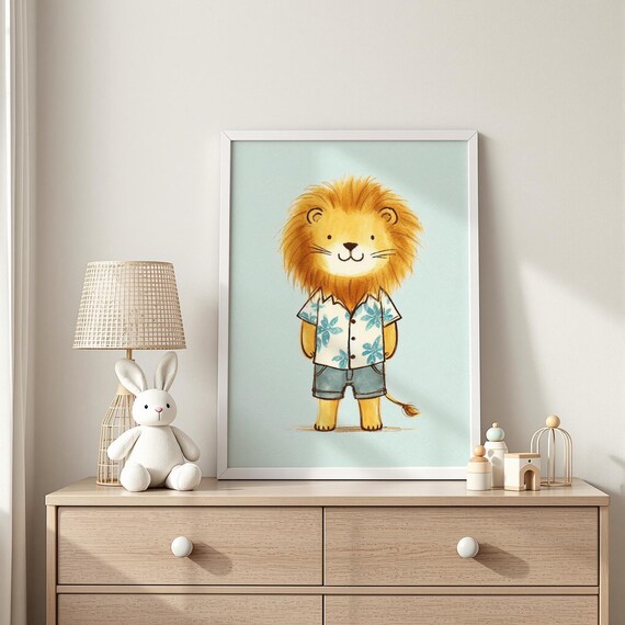 Hawaiian Shirt Lion Nursery Art Tropical Safari Animal Illustration Kids Room Decor
