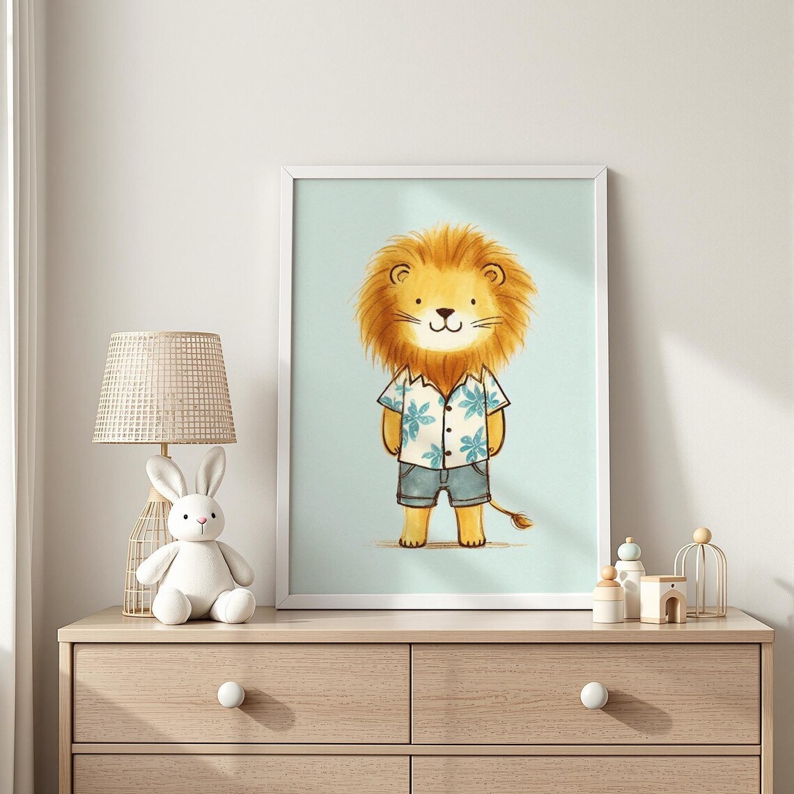 Smiling Lion in Hawaiian Shirt and Shorts Nursery Room Art Print