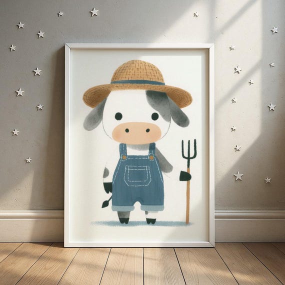 Cow Like Farmer Overalls Print Cute In Straw Hat And With Pitchfork Wall Art Farm Animal Nursery Decor