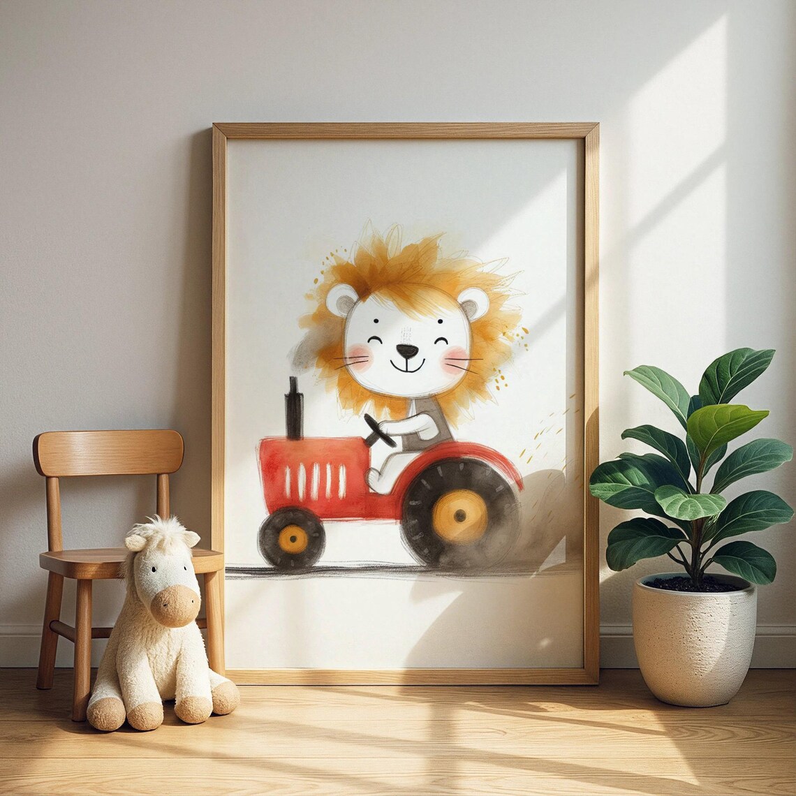 Happy Lion Cub Driving a Red Tractor on the Farm Nursery Art Print