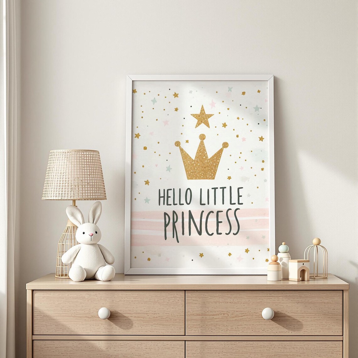 Hello Little Princess Gold Glitter Crown Girls Room Quote Poster