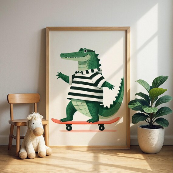 Alligator Skateboarder Wall Art Urban Animal Nursery Print Kids Room Decor