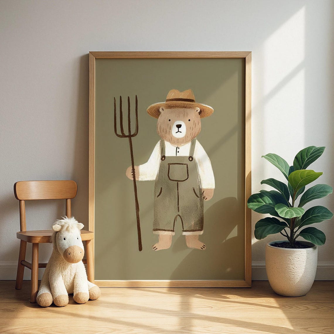 Bear Farmer in Overalls With Pitchfork Straw Hat Nursery Poster