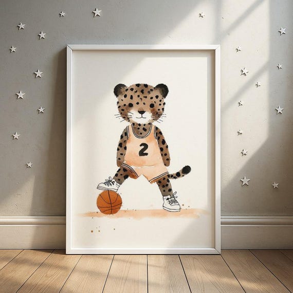 Basketball Leopard Sports Art Cheetah Cub With Illustration Boys Room Decor