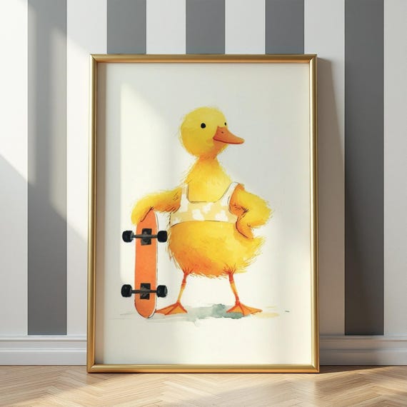Cool Skateboard Duck Wall Art Trendy Skateboardleaning Illustration Kids Room Decor