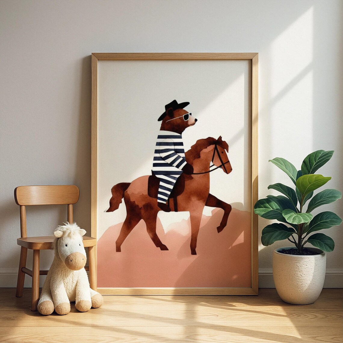Brown Bear Riding a Horse in Striped Shirt and Hat Kids Poster