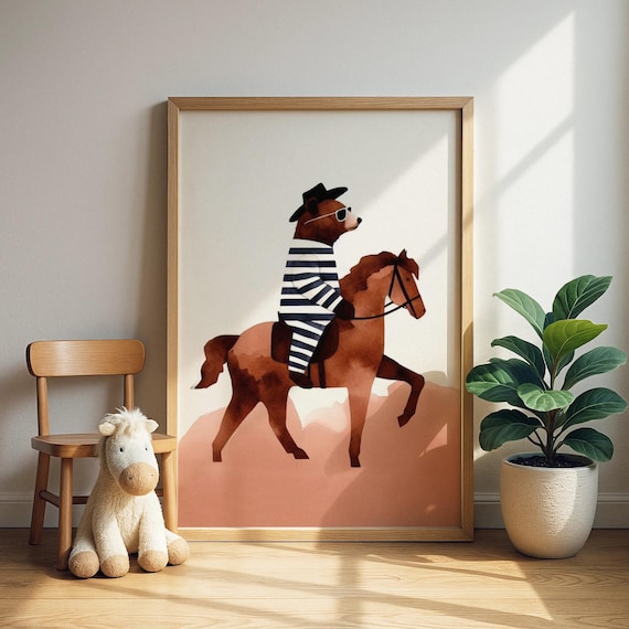 Brown Bear Riding a Horse in Striped Shirt and Hat Kids Poster