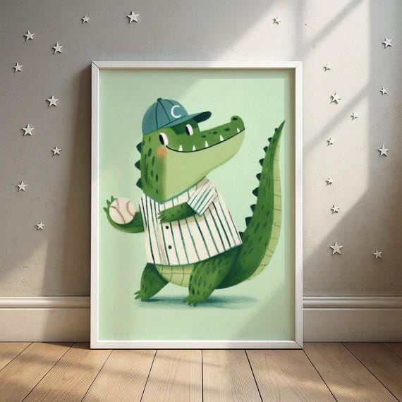 Alligator Green Baseball Cap Wall Art Stylish Animal Nursery Print Kids Room Decor