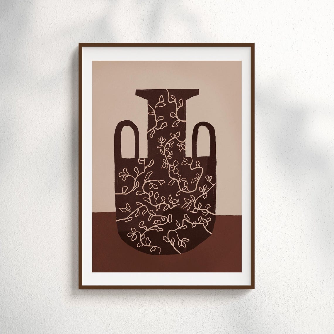 Brown Vase Cream Vine Pattern Botanical Minimalist Art Poster