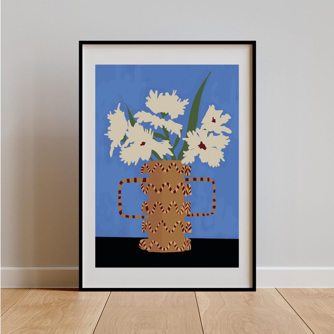 White Flowers Patterned Vase Blue Background Floral Modern Art Poster