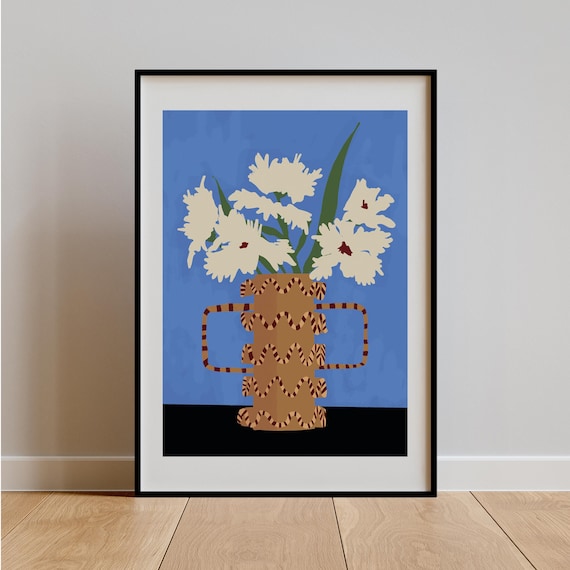 White Flowers Patterned Vase Blue Background Floral Modern Art Poster