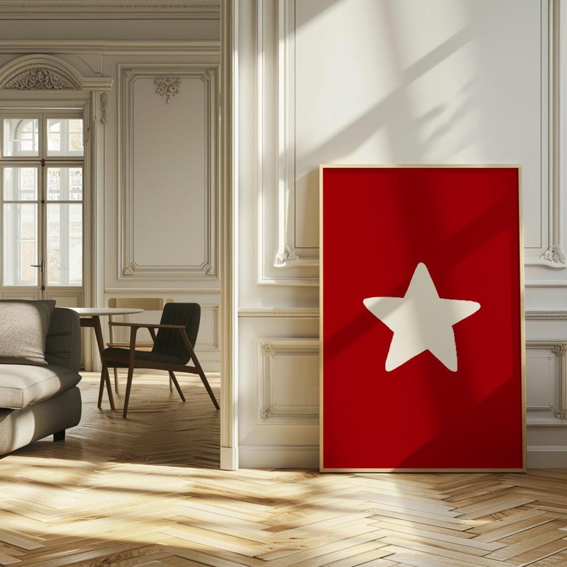 Bold Red Star Vertical Minimalist Modern Dorm Bedroom Wall Art - Image 2