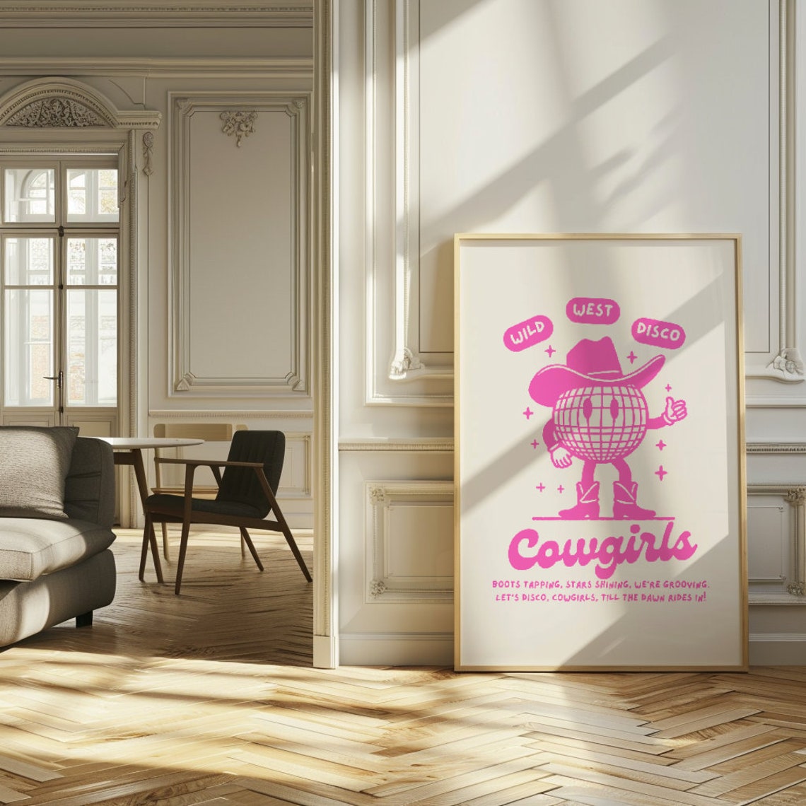 Wild West Disco Cowgirls Pink Retro Cowboy Hat Graphic Poster - Image 3