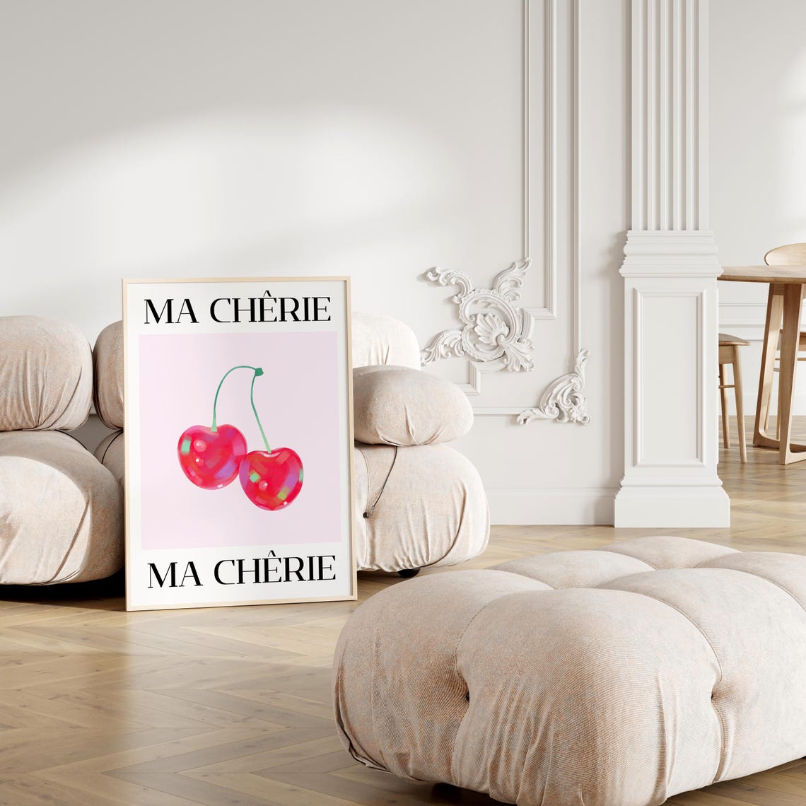 Ma Chérie Cherry Illustration Pink Retro French Kitchen Poster - Image 2