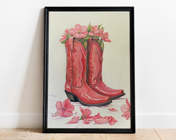 Red Cowboy Boots With Pink Flowers Coastal Cowgirl Art Poster