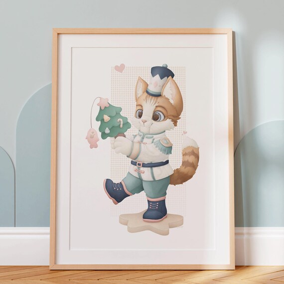 Cute Cat Nutcracker Christmas Tree Toy Soldier Kitty Illustration Art Print