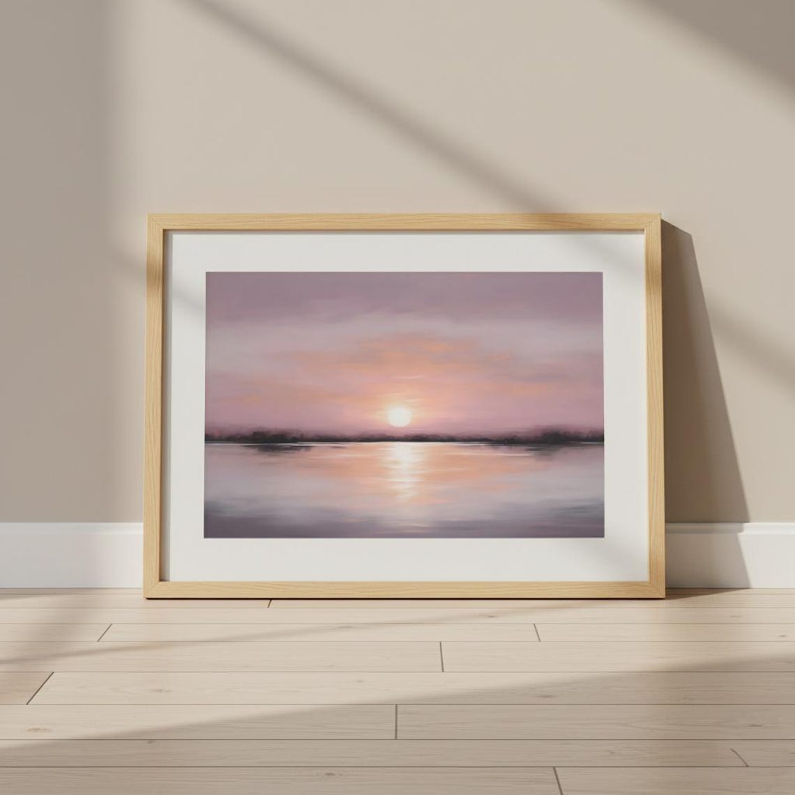 Pink Sunrise Over Calm Lake Soft Lavender Minimalist Horizon Poster