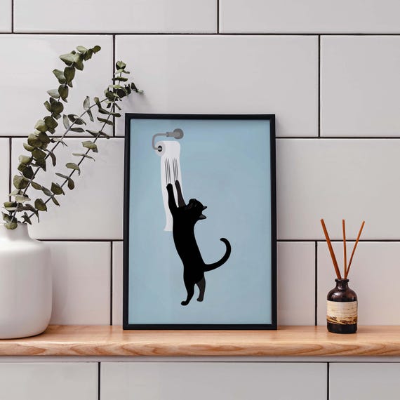 Bathroom Cat Wall Art, Funny Black Toilet Paper Print