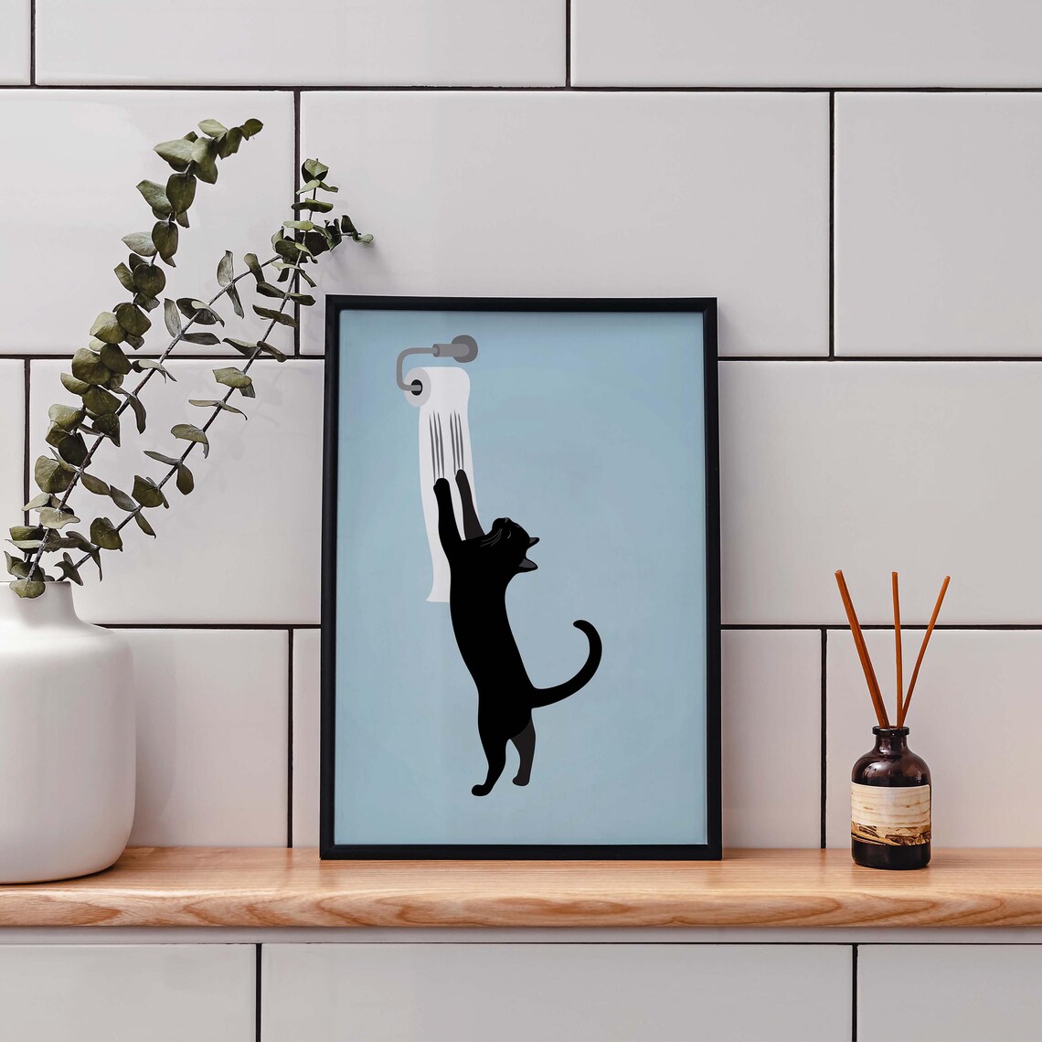 Bathroom Cat Wall Art, Funny Black Toilet Paper Print