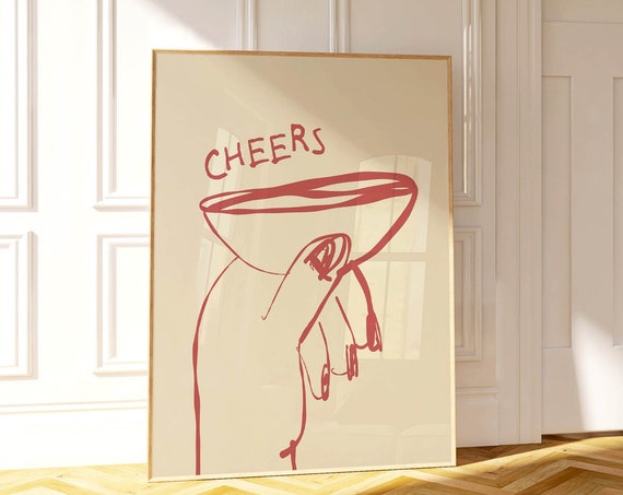 Bar Cart Print Cheers Print Trendy Bar Cart Decor Retro Kitchen Wall Art Vintage Drinks Print Bar Cart Poster Wall Art Red