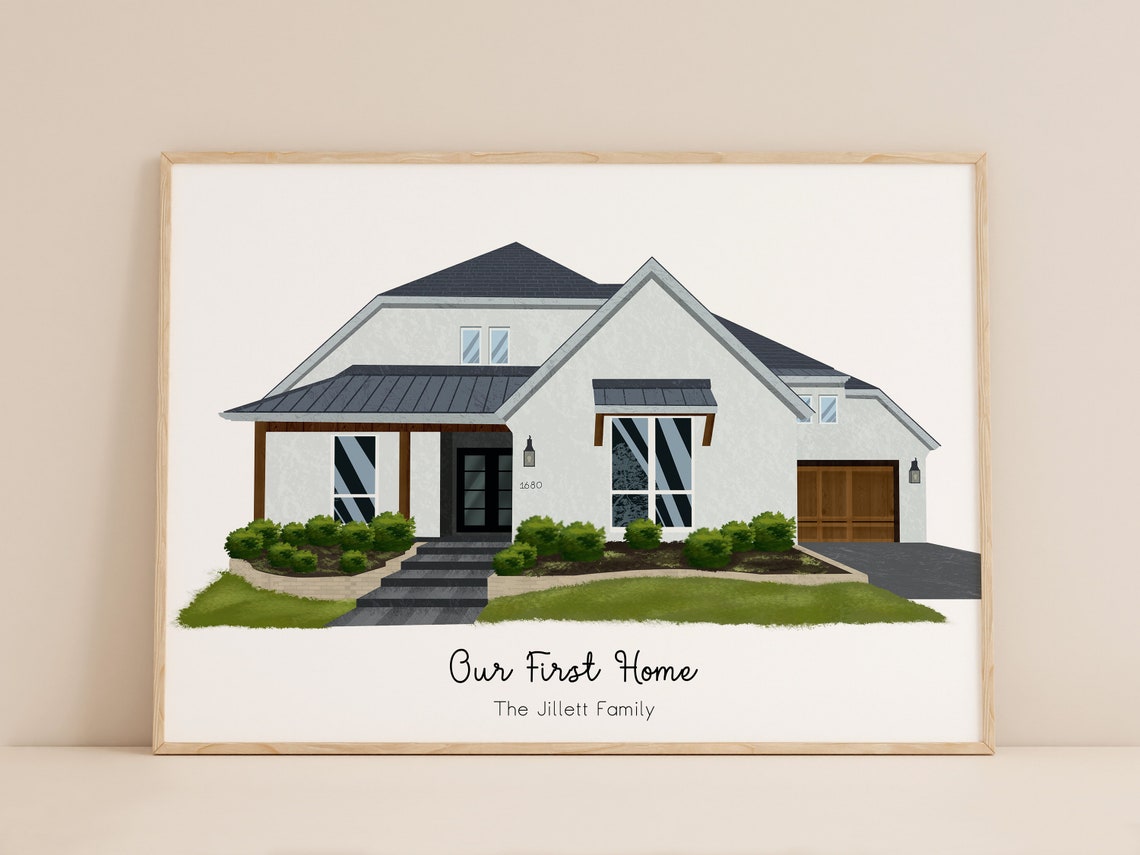 Custom Hand Drawn House Portrait Our First Home Illustration Poster
