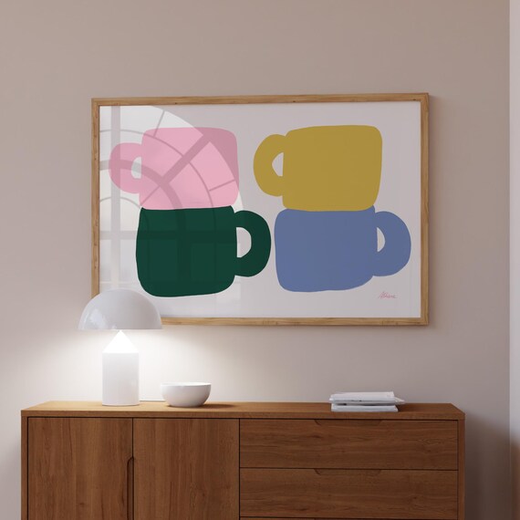 Four Colorful Coffee Mugs Mid Century Modern Kitchen Decor Print
