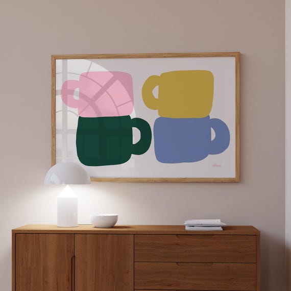 Four Mugs Print Horizontal Kitchen Prints Mid Century Wall Art Colorful Simple Apartment Coffee Cup